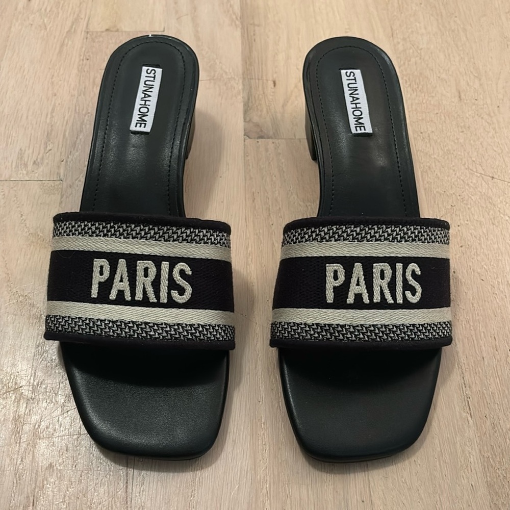 PARIS Woven Square Toe Slip on Low Block Chunky Heeled Sandals size 9